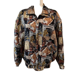 Vintage 100% Silk Bomber Jacket European Brown Tan Y2K Large Funnel Neck 90s